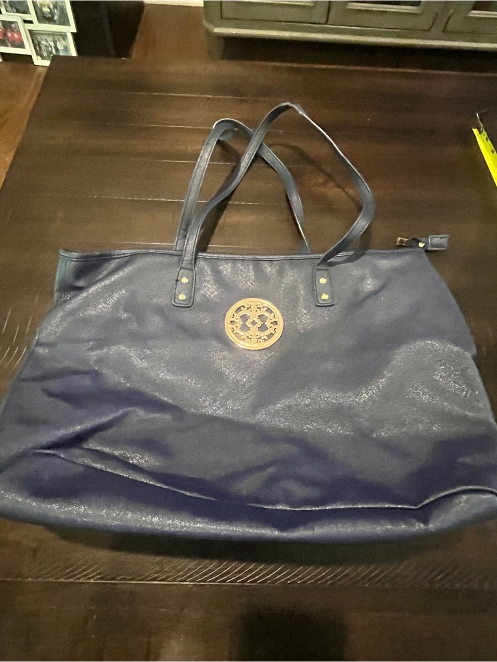 Blue Faux Leather Tote with Gold Logo Medallion Bag